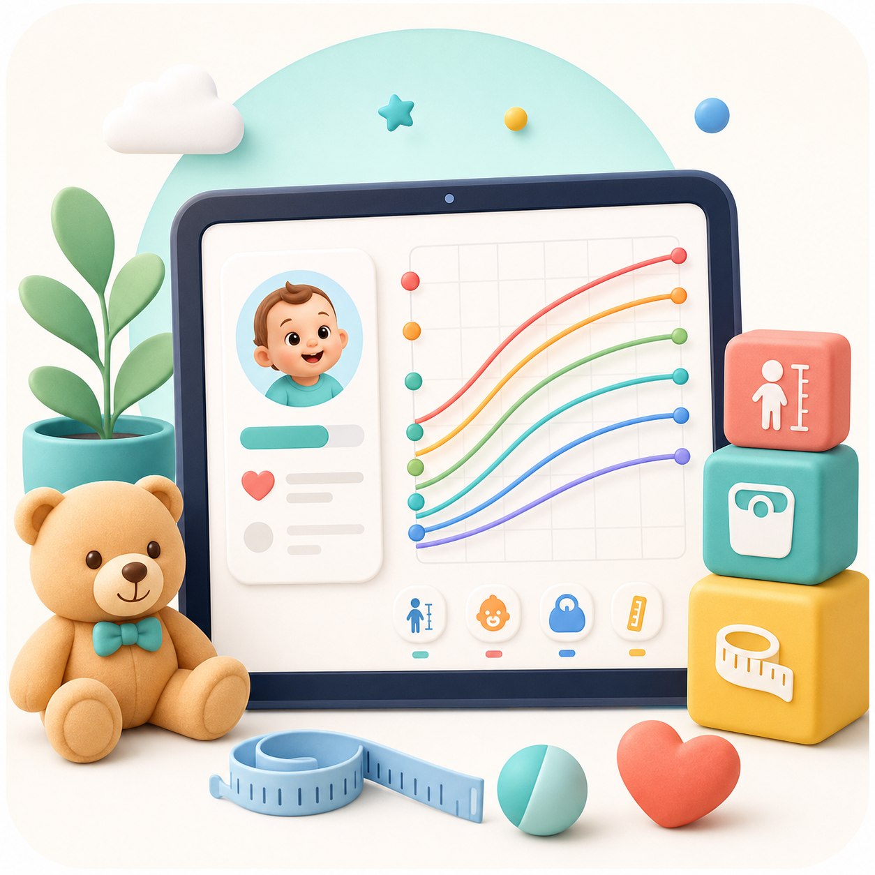 A friendly illustration of a child growth chart and measurement tools